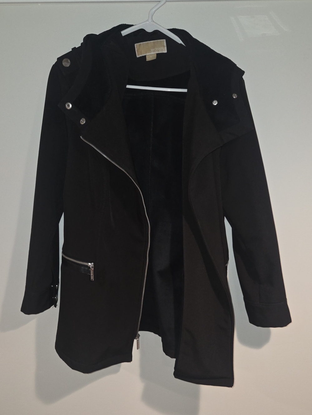 Michael Kors Black Hooded Trench Coat with Asymmetric Zip